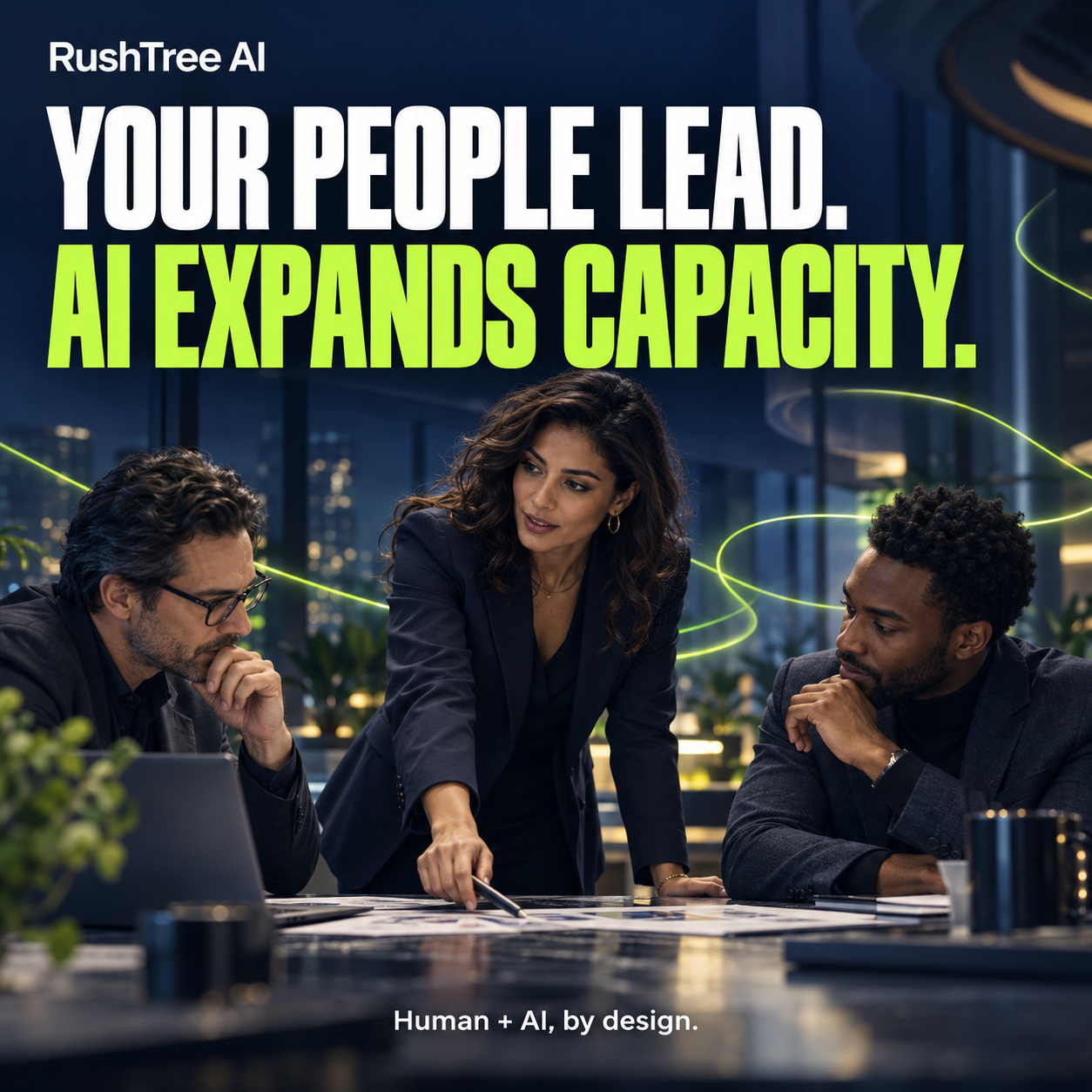 RushTree AI campaign graphic: Your people lead. AI expands capacity. Human + AI, by design.